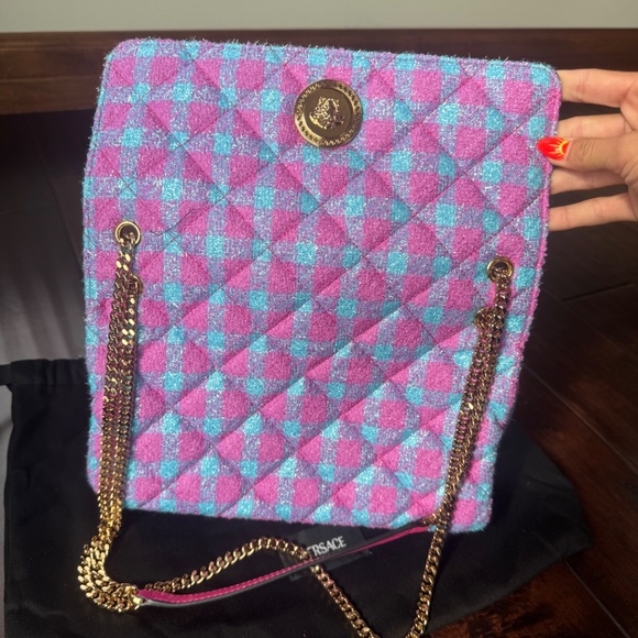 Versace Medusa Tweed Pink and Blue Shoulder Bag - Picture 4 of 7